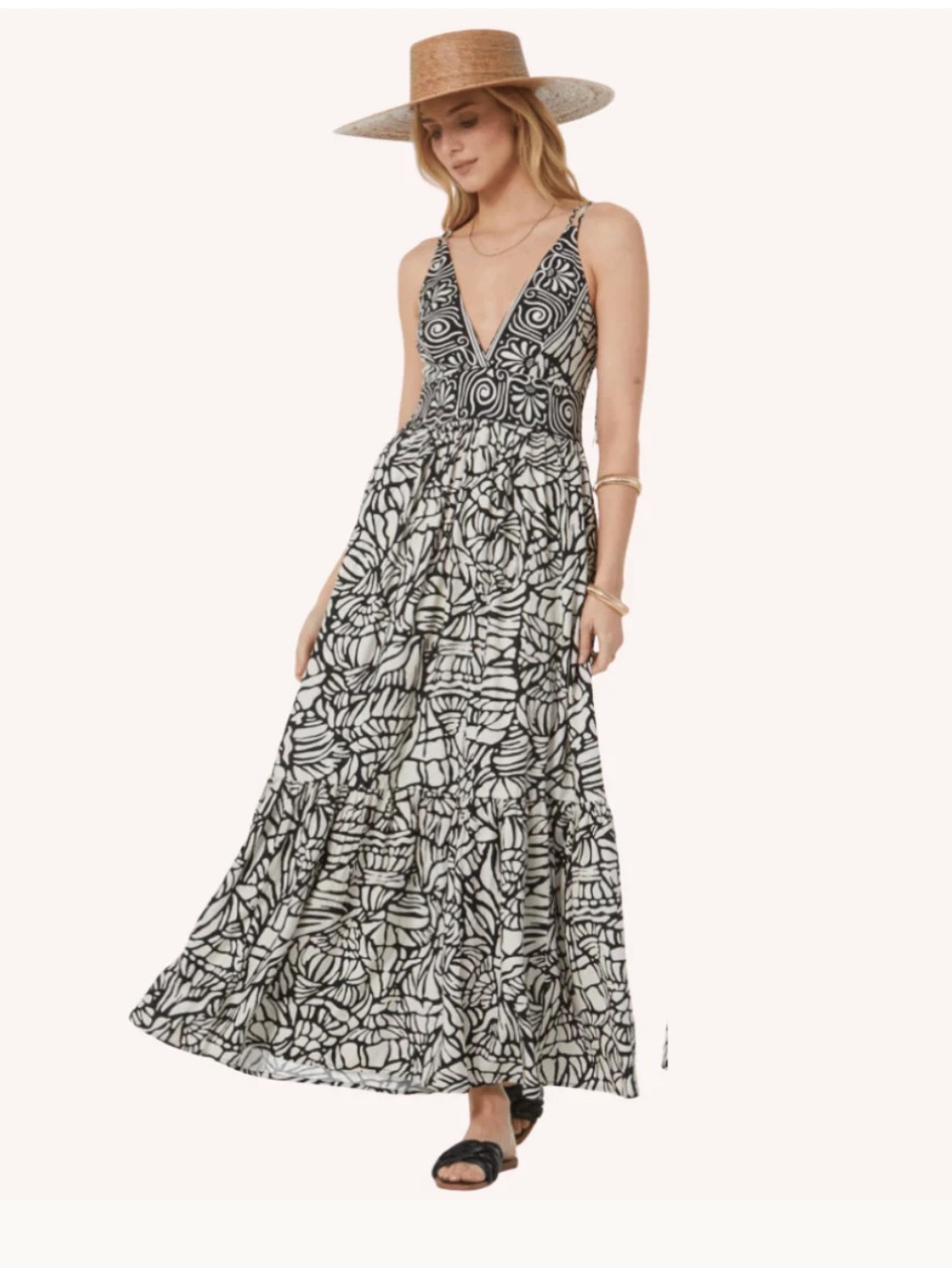Deep V-Neck Black and Cream Printed Maxi Dress